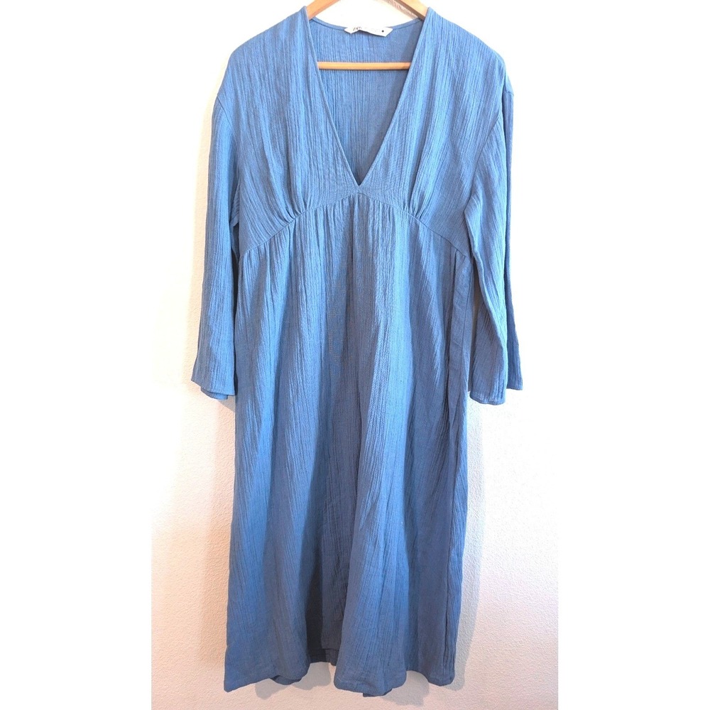 Zara Linen Blend Blue Midi Dress Small Boho Gauze Empire Waist Flowy Cottagecore